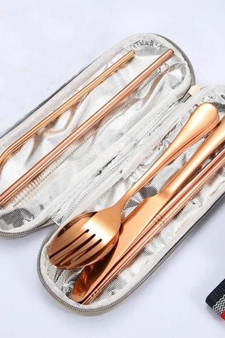 Portable Rose Gold Cutlery Set With Travel Case