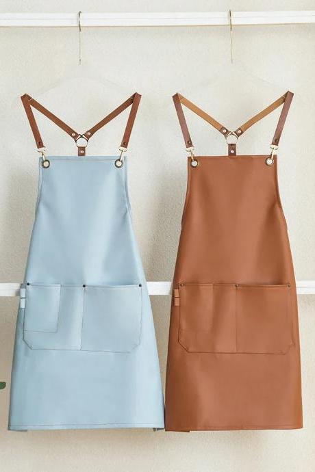 Adjustable Cross-back Leather Aprons With Pockets - Unisex