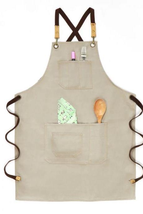 Durable Canvas Chef Apron With Leather Straps Adjustable