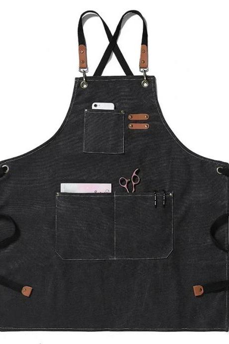 Durable Canvas Work Apron With Pockets And Leather Straps