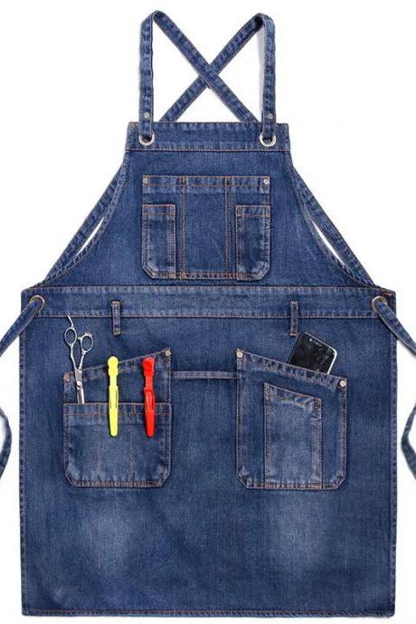 Durable Denim Apron With Pockets For Tools And Phone
