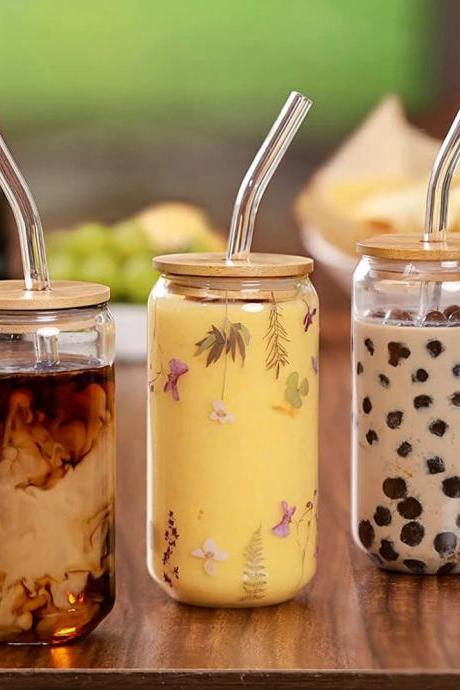 Reusable Glass Drinking Jars With Bamboo Lids And Straws