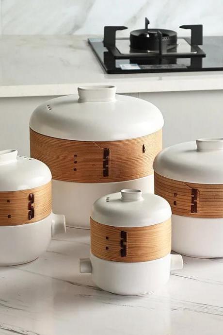 Modern White Ceramic And Bamboo Steamer Set 4 Pieces