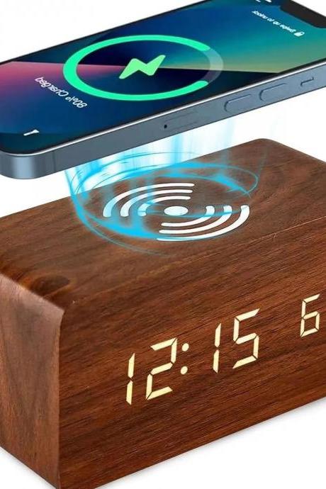 Wooden Digital Alarm Clock With Wireless Charging Pad