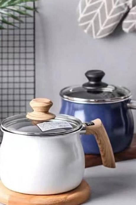 Modern Enamel Saucepan With Wooden Handle And Lid