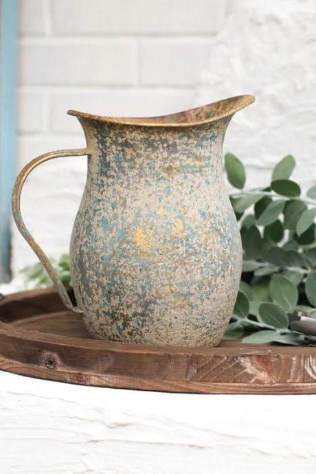 Vintage Rustic Metal Pitcher Vase Home Decor Accent