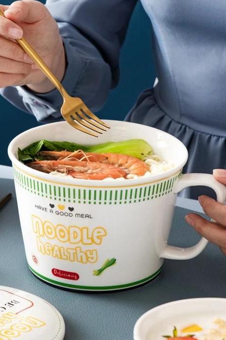 Ceramic Noodle Bowl With Handle And Inspirational Phrasing