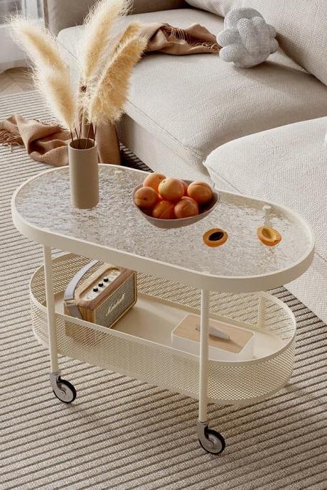 Modern Mobile Oval Bar Cart With Marble Shelves