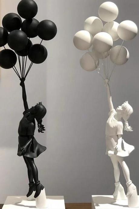 Resin Floating Girls With Balloons Sculpture Decor End