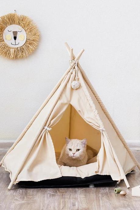 Cozy Indoor Canvas Cat Teepee With Cushion Bed