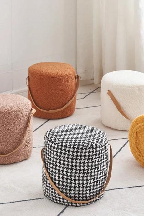 Modern Portable Round Fabric Stools With Leather Handles