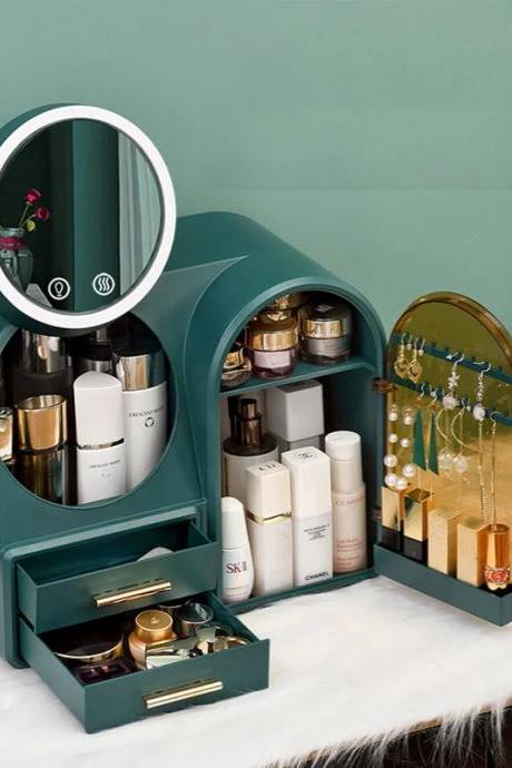 Elegant Cosmetic Storage Organizer With Led Mirror End