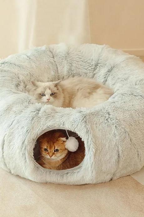 Cozy Plush Cat Bed With Hidden Kitty Tunnel
