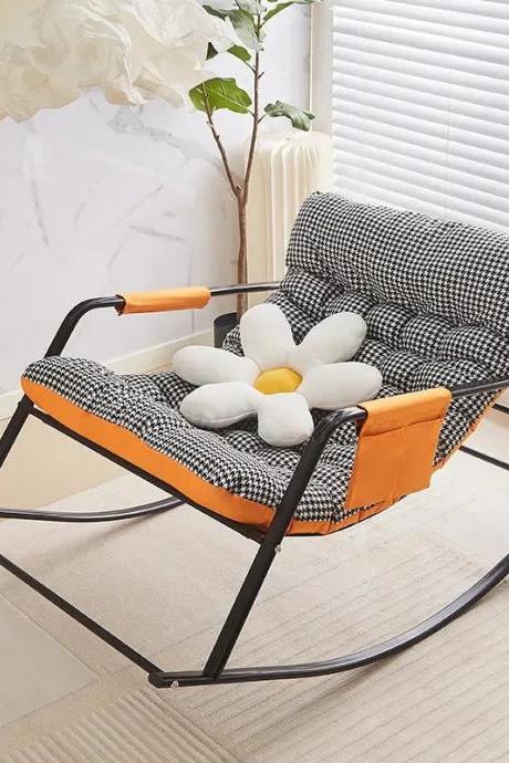 Modern Houndstooth Rocking Chair With Plush Flower Cushion