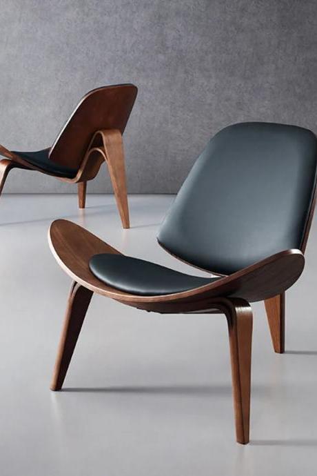 Modern Curved Wood Accent Chair With Leather Cushion