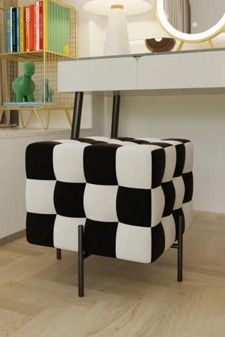Modern Black And White Checkered Cube Ottoman End Table