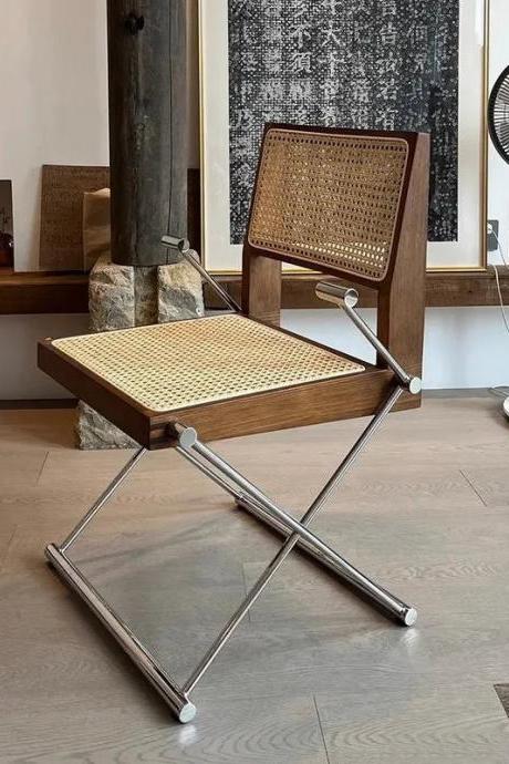 Modern Woven Rattan Folding Chair With Metal Frame