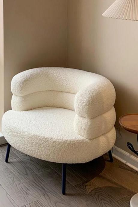 Plush White Boucle Fabric Armchair With Metal Legs