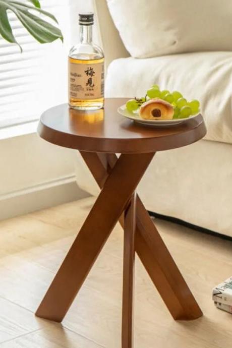 Modern Wooden Round Side Table With Cross Legs