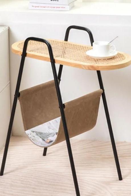 Modern Rattan Side Table With Magazine Holder End