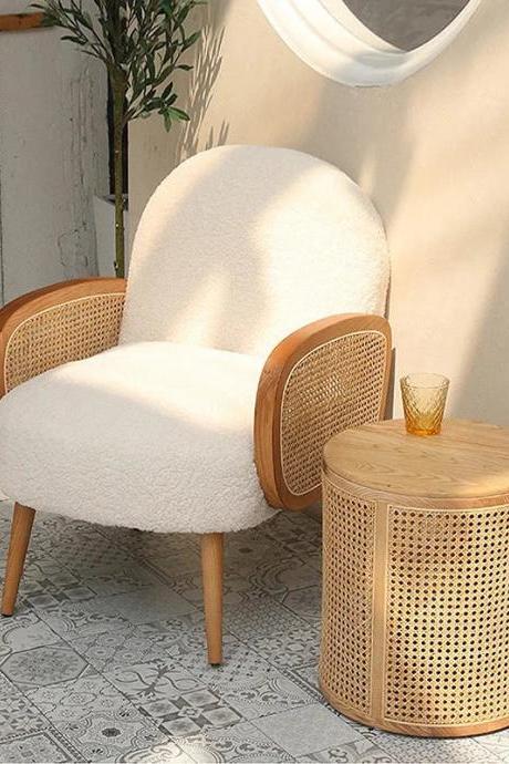 Modern Rattan Accent Chair With Sherpa Upholstery