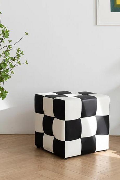 Modern Black And White Checkerboard Leather Ottoman Pouf