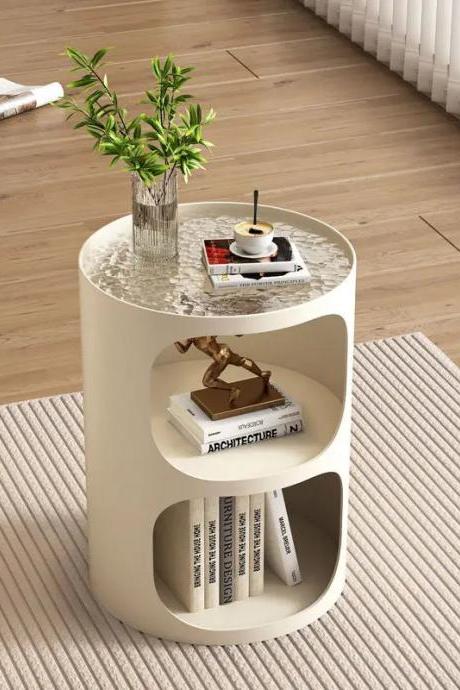Modern Round Side Table With Storage Shelves And Glass Top