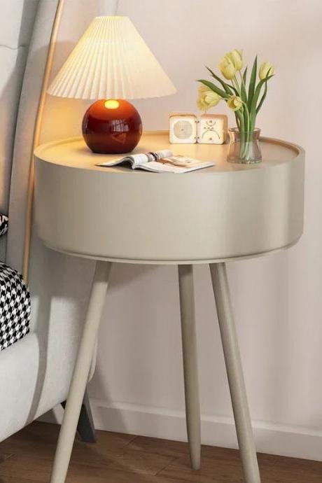 Modern Beige Round Bedside Table With Storage Compartment