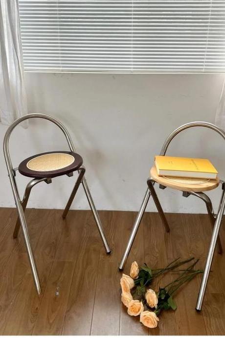 Vintage Metal Frame Woven Seat Stacking Chairs Pair