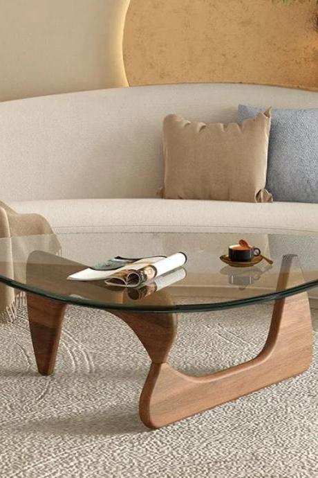 Modern Curved Wood Base Glass Top Coffee Table
