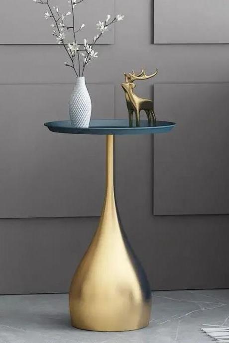 Modern Gold Teardrop Base Side Table With Blue Top