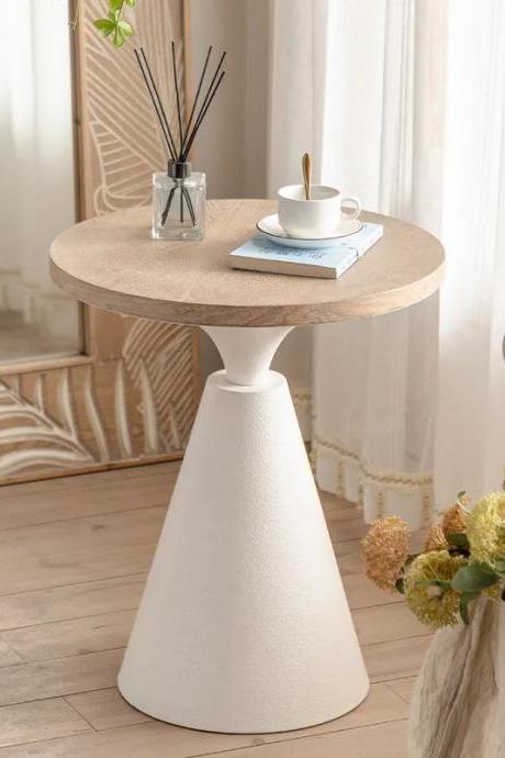 Modern Round Wooden Top Side Table With Cone Base