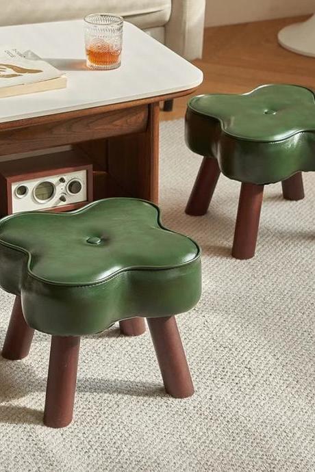Modern Clover-shaped Leather Ottoman Stool With Wooden Legs