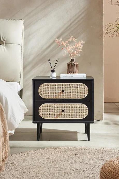Modern Black Two-drawer Rattan Accent Nightstand Furniture