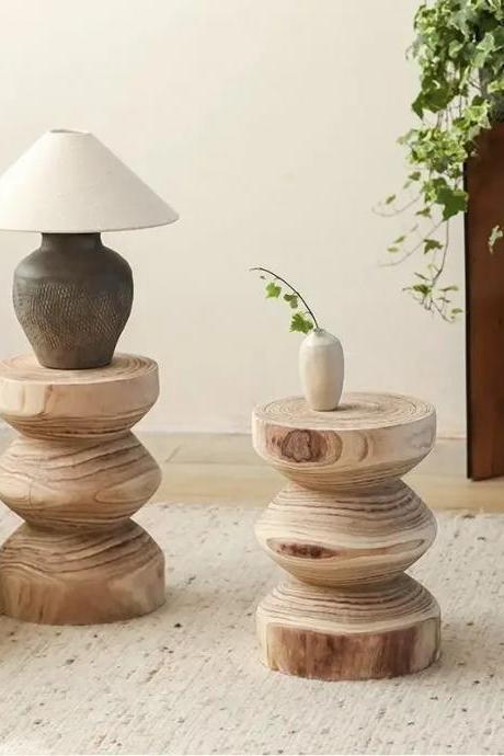Handcrafted Wooden Stacked Table Lamp And Vase Set