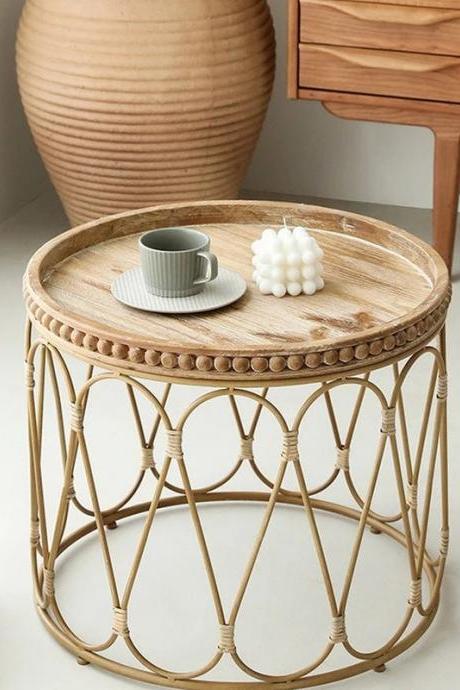 Bohemian Round Wood Top Metal Frame Accent Table