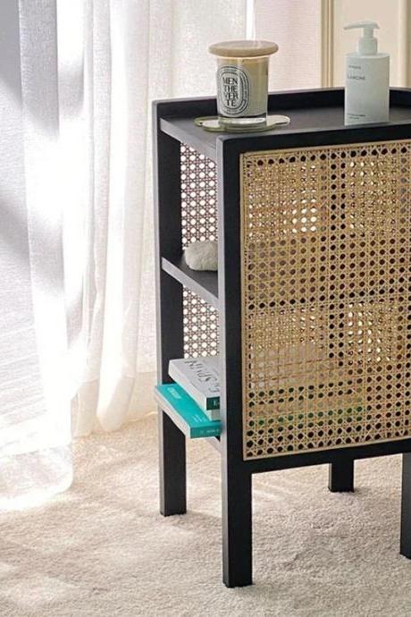 Modern Rattan Side Table With Storage Shelves End Table
