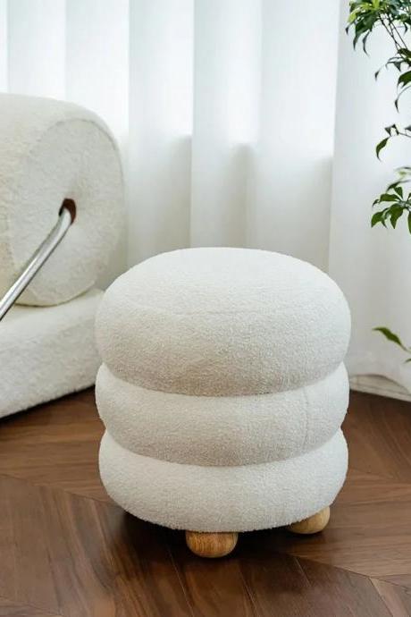 Modern Round Plush Cushioned Ottoman With Wooden Legs