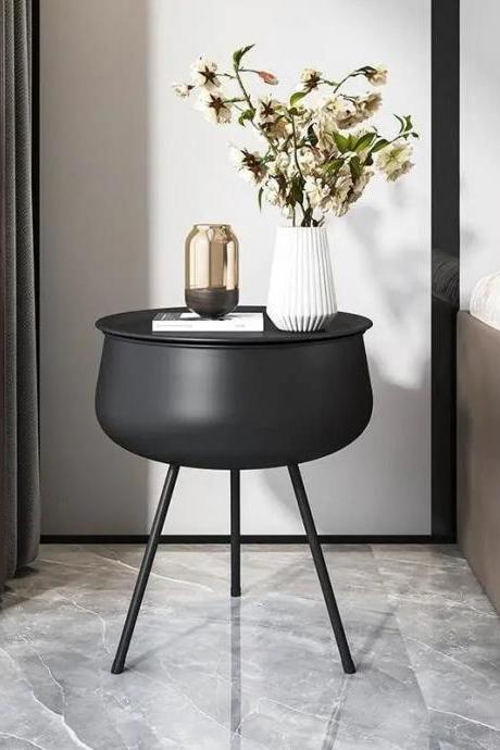 Modern Round Black Side Table With Storage Space