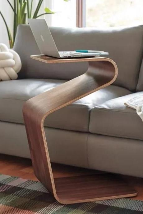 Modern Curved Walnut Side Table With Minimalist Design
