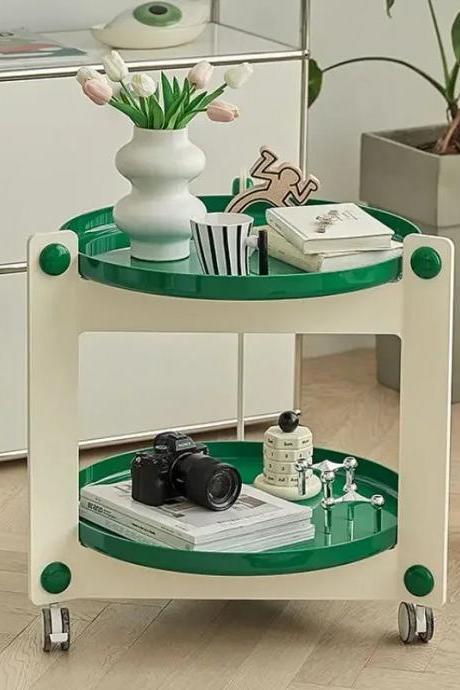 Round Green Rolling Cart With Two Storage Shelves