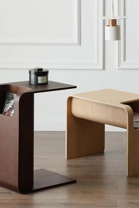 Modern Bentwood Side Table With Integrated Magazine Holder
