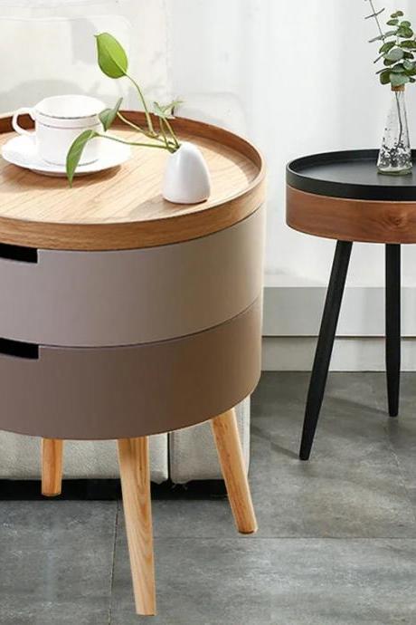 Modern Round Side Table With Storage Wooden Legs