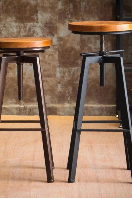 Industrial Adjustable Swivel Wood Top Bar Stools Set