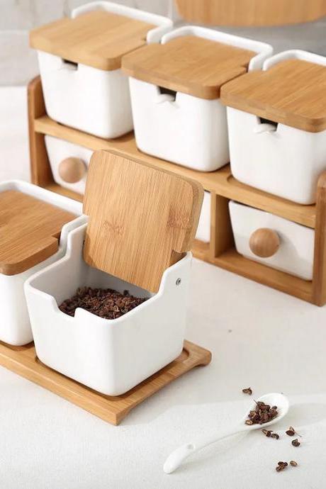 Ceramic And Bamboo Kitchen Storage Containers Set