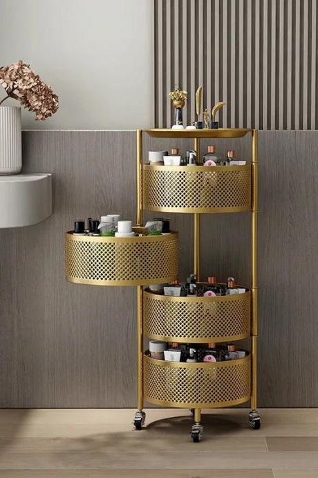 Modern Gold-tone Mesh Rolling Corner Storage Cart