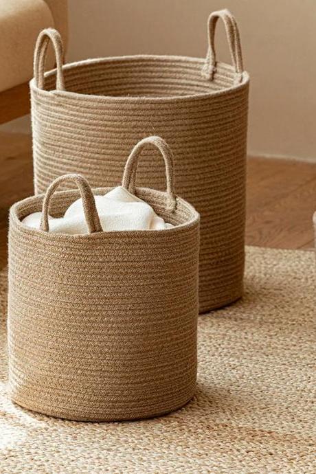 Natural Woven Jute Storage Baskets With Handles Set