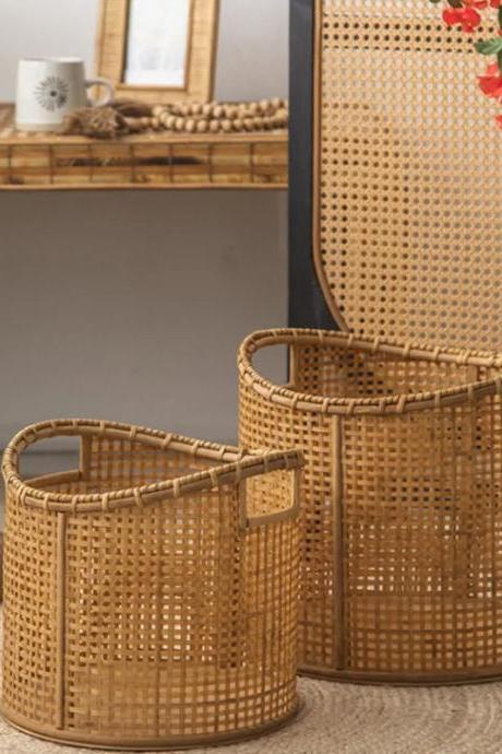 Handwoven Rattan Storage Baskets With Handles, Set Of 2