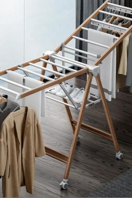 Adjustable Wooden And Metal Clothes Drying Rack With Wheels