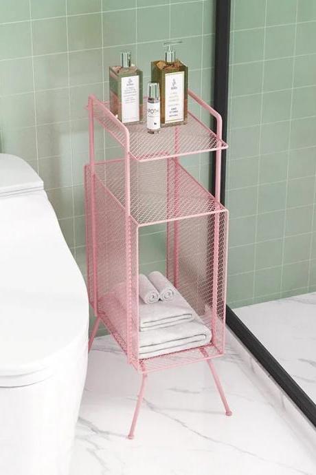 Pink Metal Mesh Freestanding Bathroom Storage Organizer Shelf